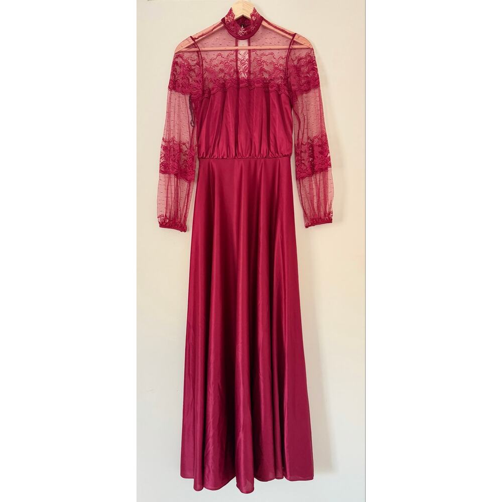 J. C. Penney Edwardian Vintage Maxi Dress Red Polyester S M Lace Regency 80s